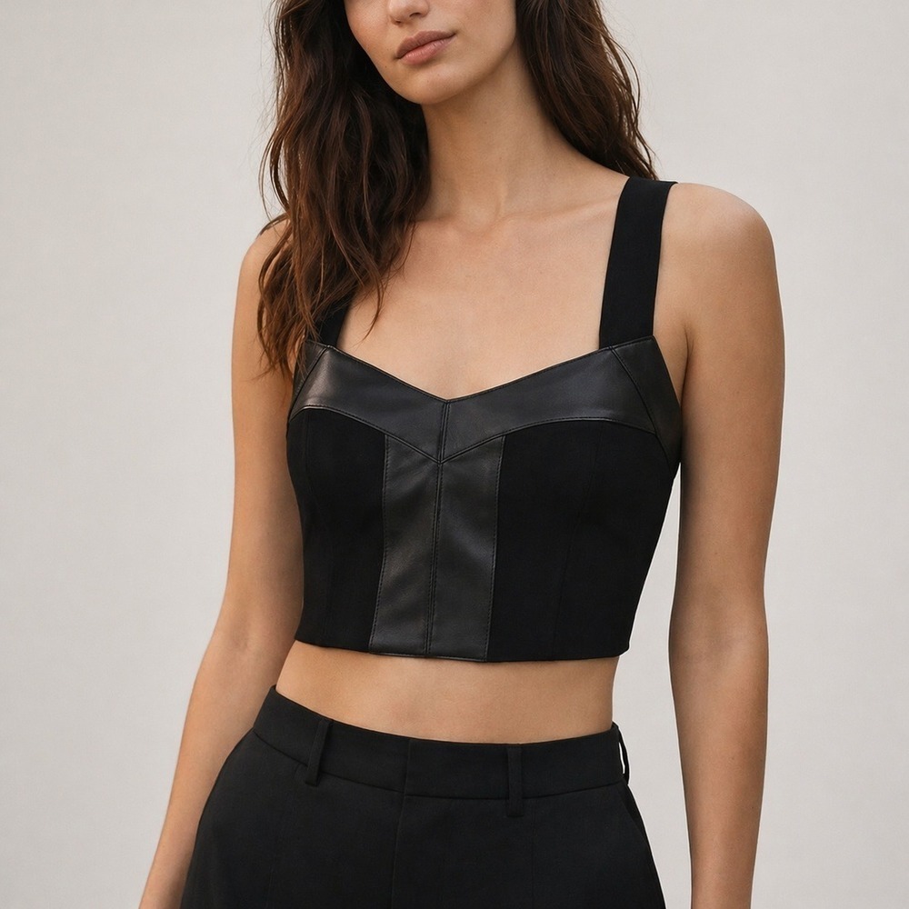 CAbi NEW Jett Bralette Faux Leather Ponte Knit Crop Top Bustier Black SZ Medium